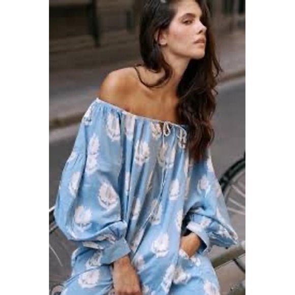 Daughters of India Ria Mini Dress in Sky Cotton Balloon Sleeve Boho M - Picture 2 of 13